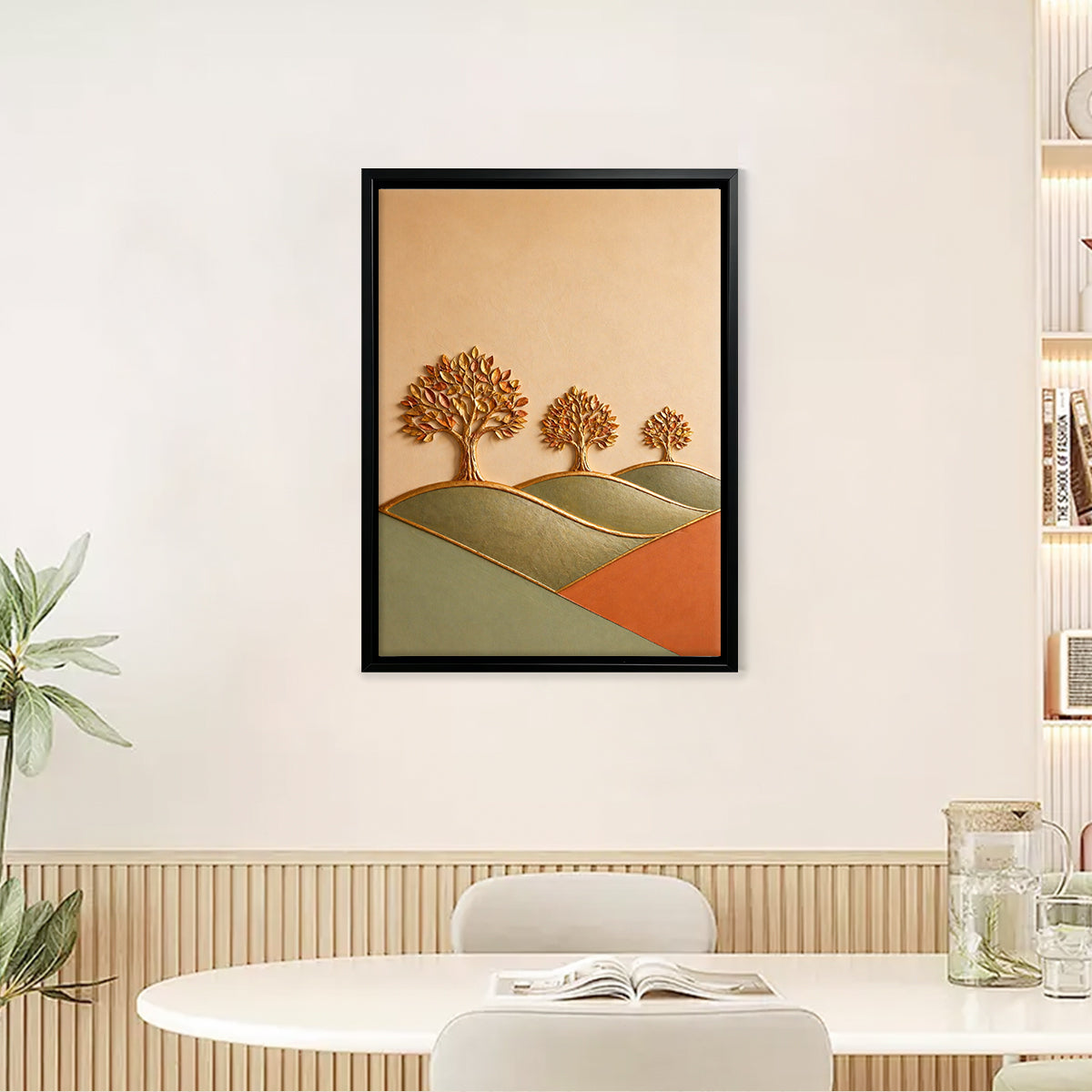 Framed Art Print with Golden Trees Landscape, Modern Abstract Design, High-Quality Material for Home Decor