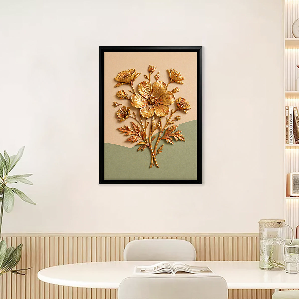 Elegant Golden Floral Wall Art Sculpture, Modern Decor for Living Room or Staircase