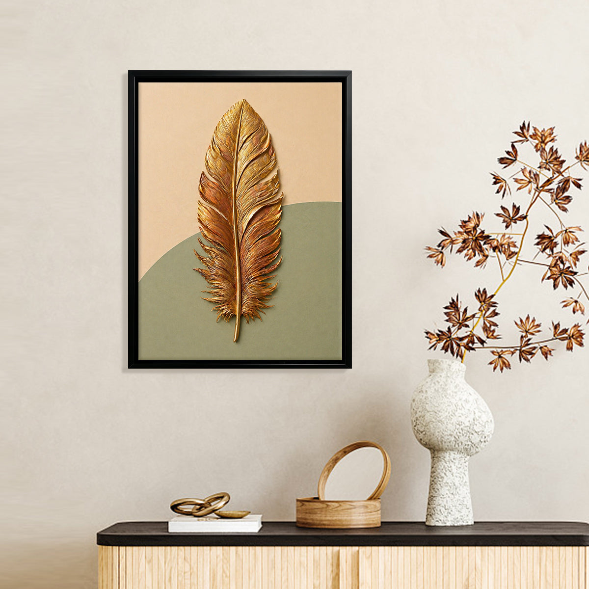 Framed Gold Feather Wall Art, Modern Decor, 3D Texture, Perfect for Living Room or Bedroom in Any State