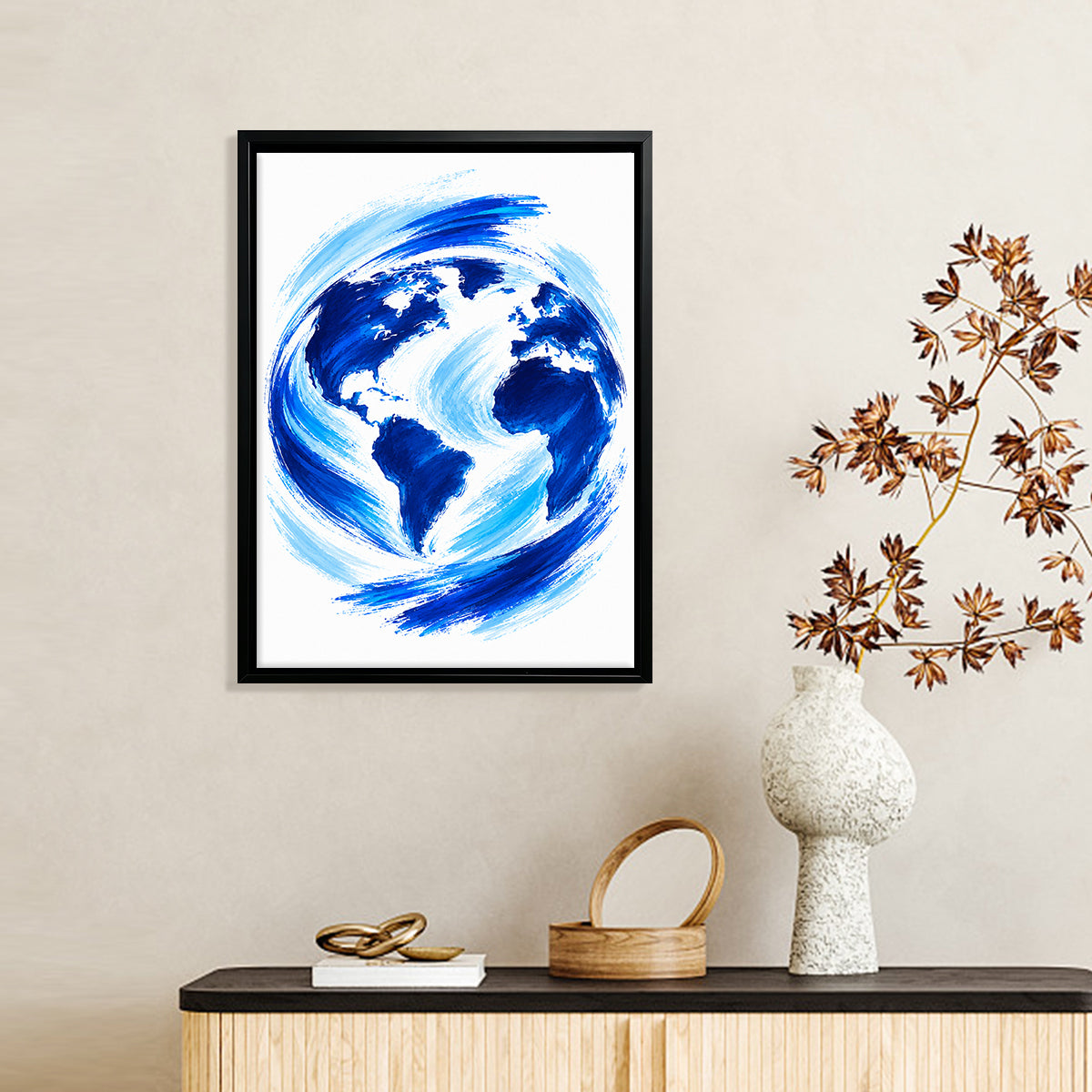 Framed Earth Globe Art Print, Blue Brushstroke Style, Perfect for Home Decor or Office, Made in California