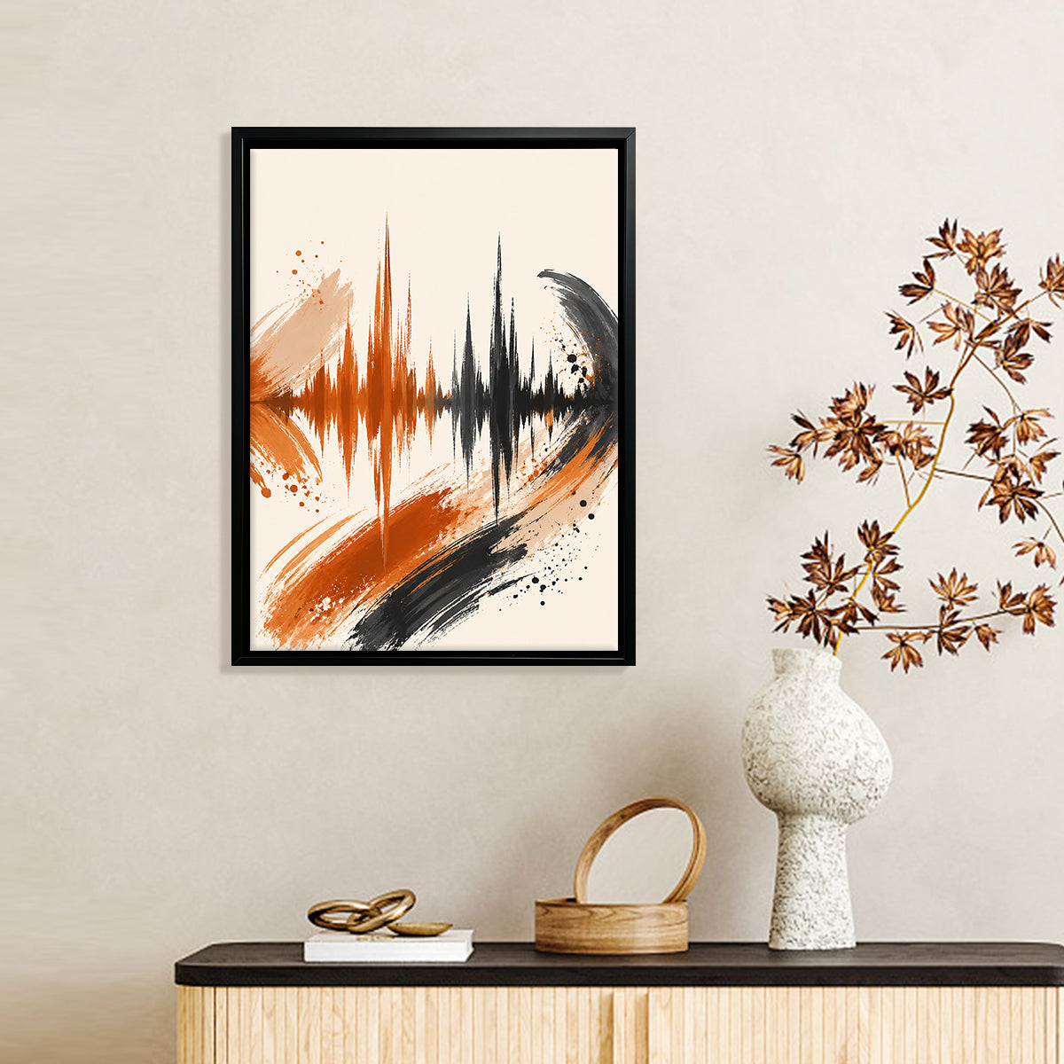 Abstract Sound Wave Art Print in Black Frame, Vibrant Orange and Black Design, Perfect Home Decor for Living Room or Office