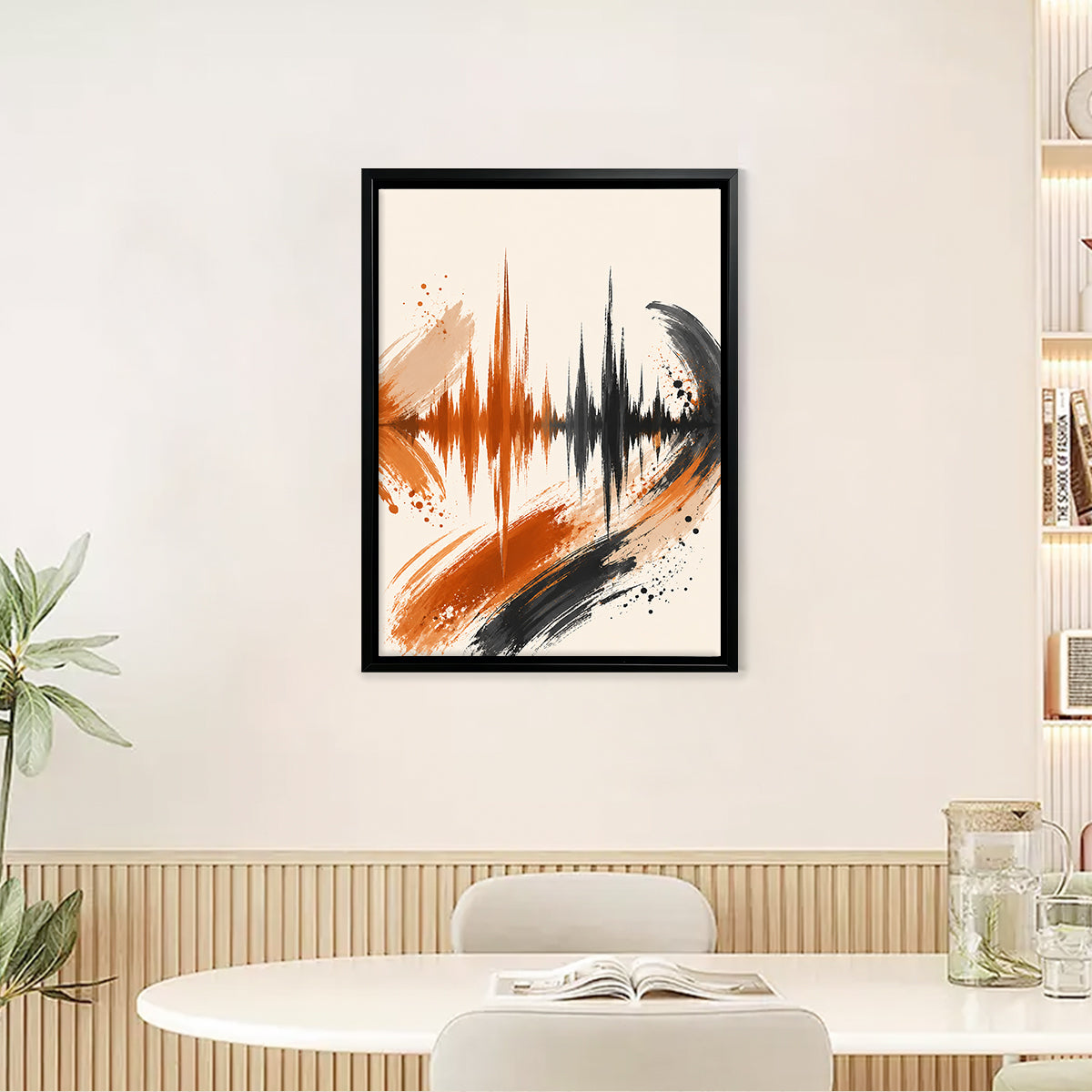 Abstract Sound Wave Art Print in Black Frame, Vibrant Orange and Black Design, Perfect Home Decor for Living Room or Office