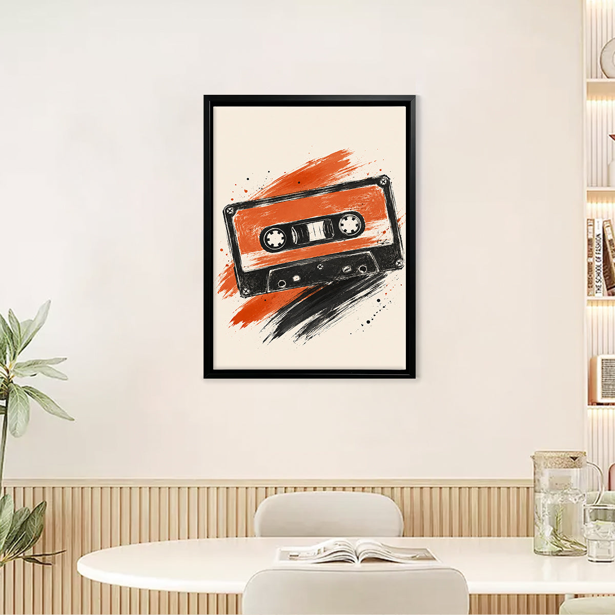 Framed Retro Cassette Tape Art Print, Vibrant Orange and Black Design, Perfect Home Decor for Music Lovers