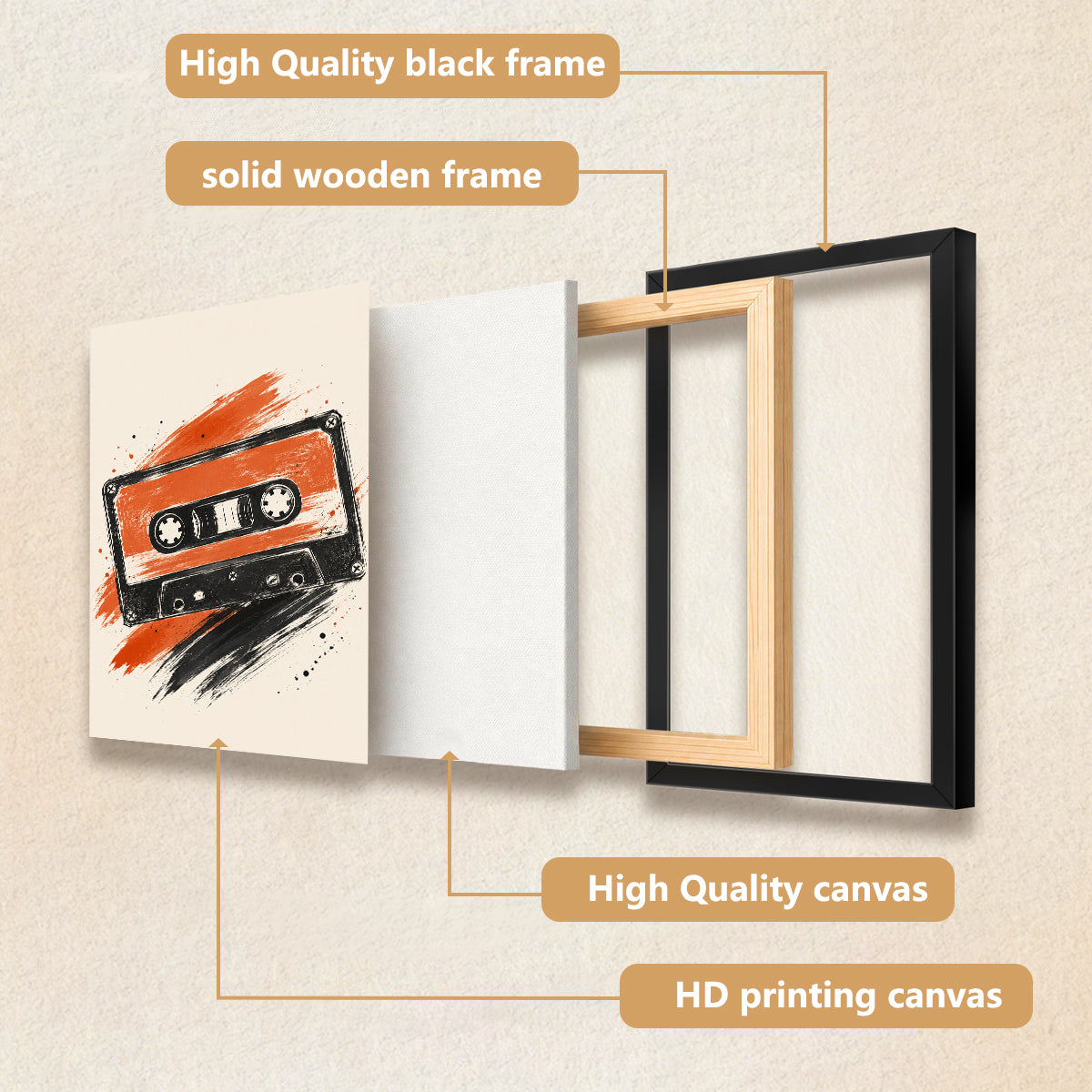 Framed Retro Cassette Tape Art Print, Vibrant Orange and Black Design, Perfect Home Decor for Music Lovers