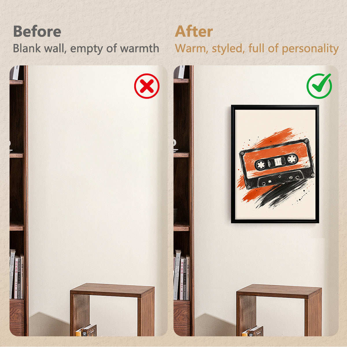 Framed Retro Cassette Tape Art Print, Vibrant Orange and Black Design, Perfect Home Decor for Music Lovers