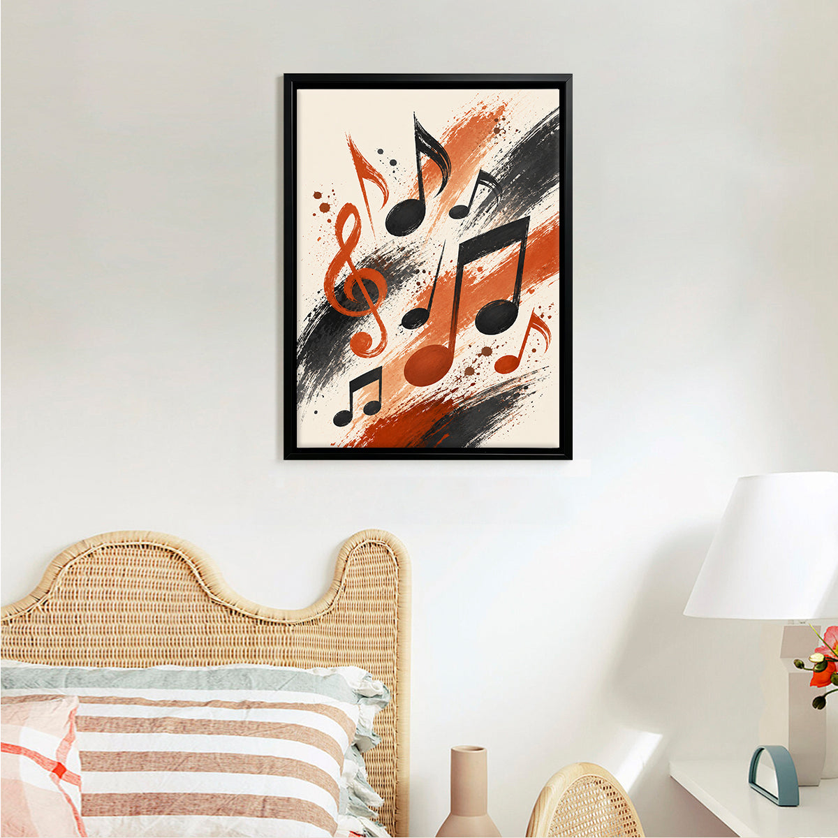 Framed Musical Notes Art Print, Abstract Black and Orange Design, Perfect Home Decor for Any Room
