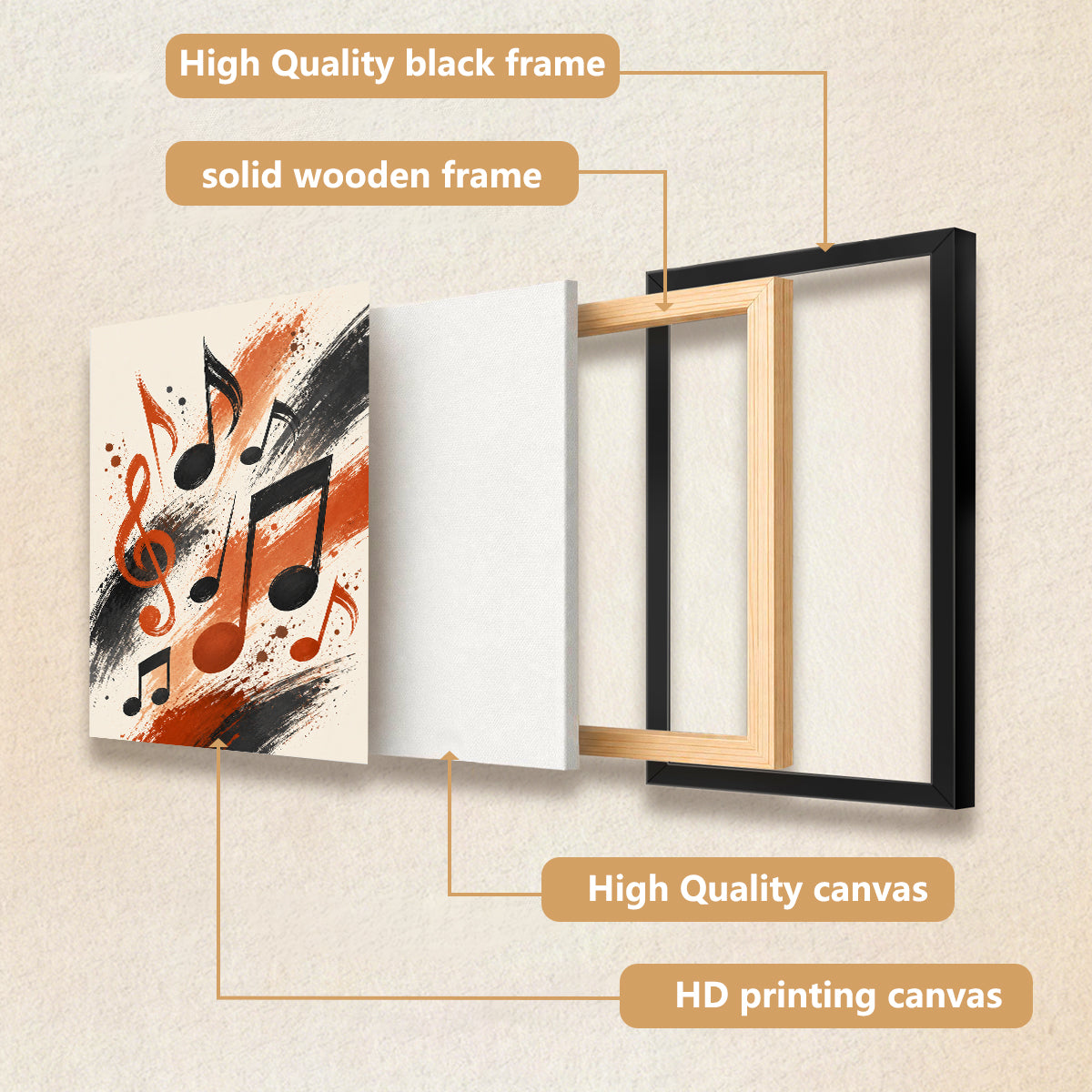 Framed Musical Notes Art Print, Abstract Black and Orange Design, Perfect Home Decor for Any Room