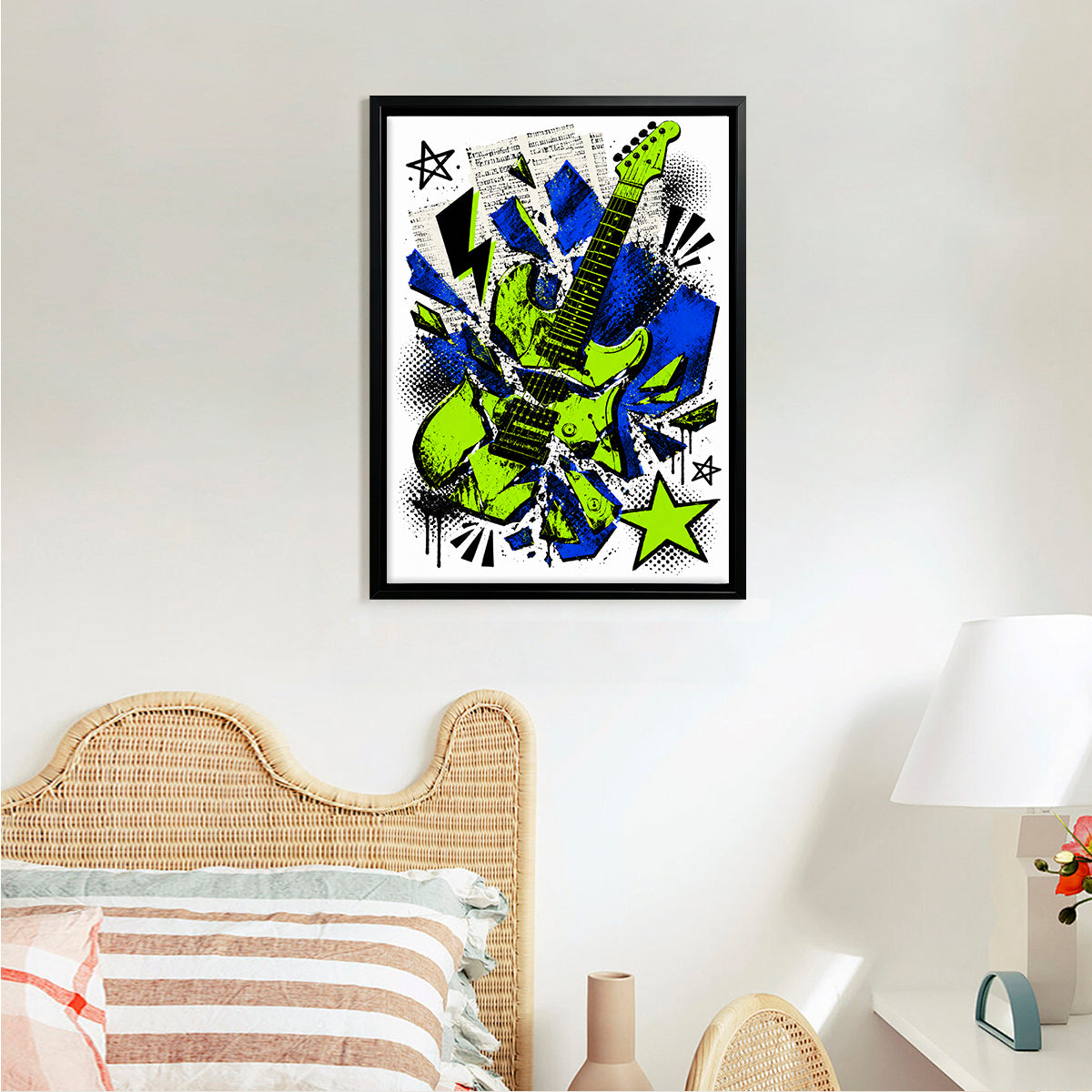 Framed Electric Guitar Art Print, Vibrant Blue and Green Design, Perfect Home Decor for Music Lovers