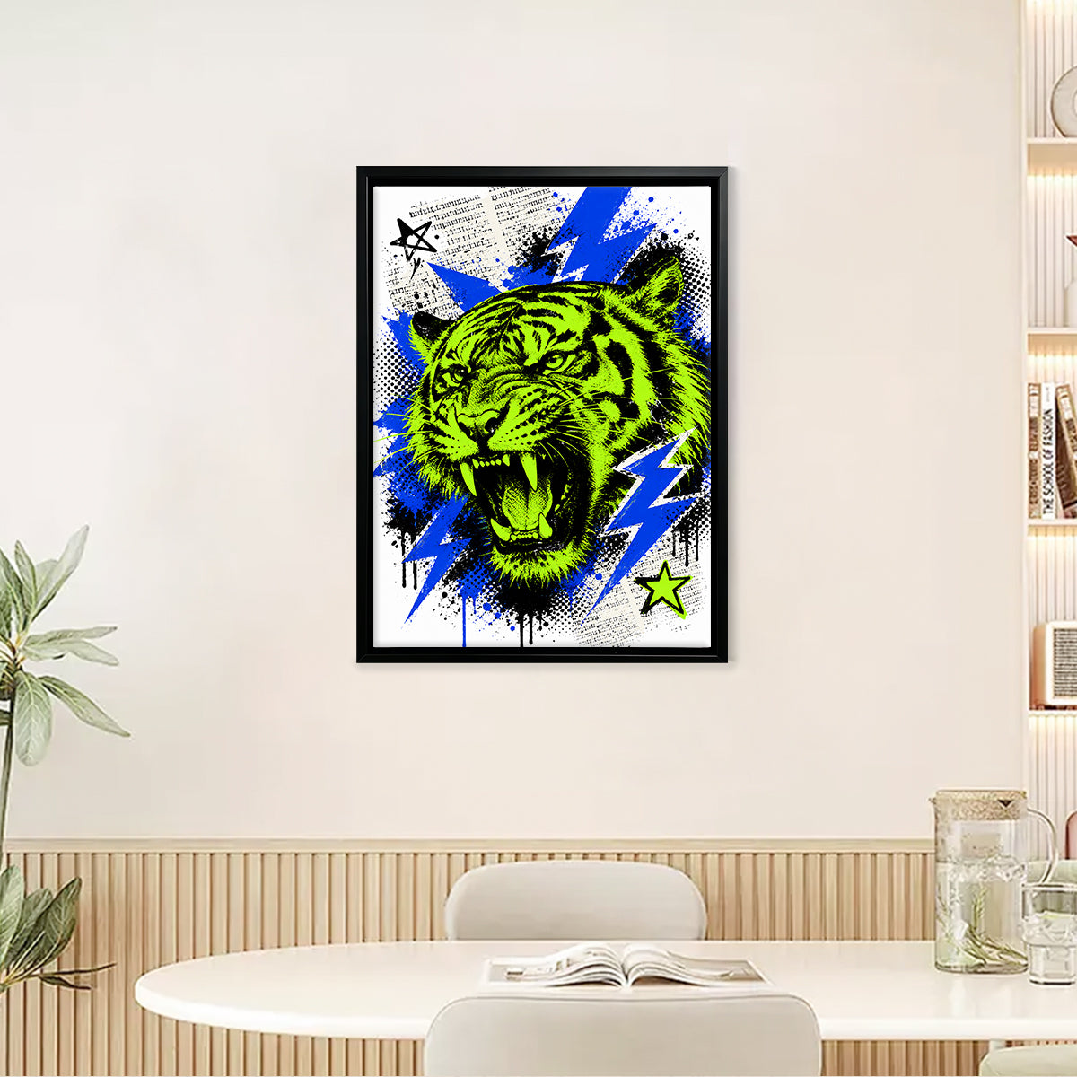 Framed Neon Tiger Art Print with Bold Blue Lightning, Vibrant Home Decor for Living Room or Staircase