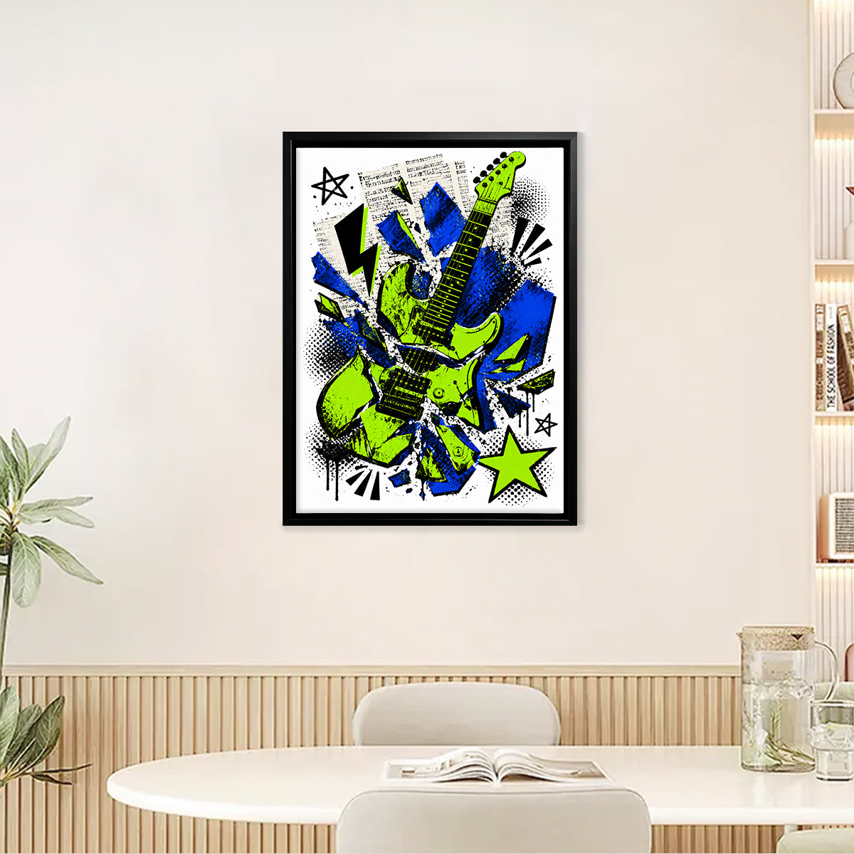 Framed Electric Guitar Art Print, Vibrant Blue and Green Design, Perfect Home Decor for Music Lovers