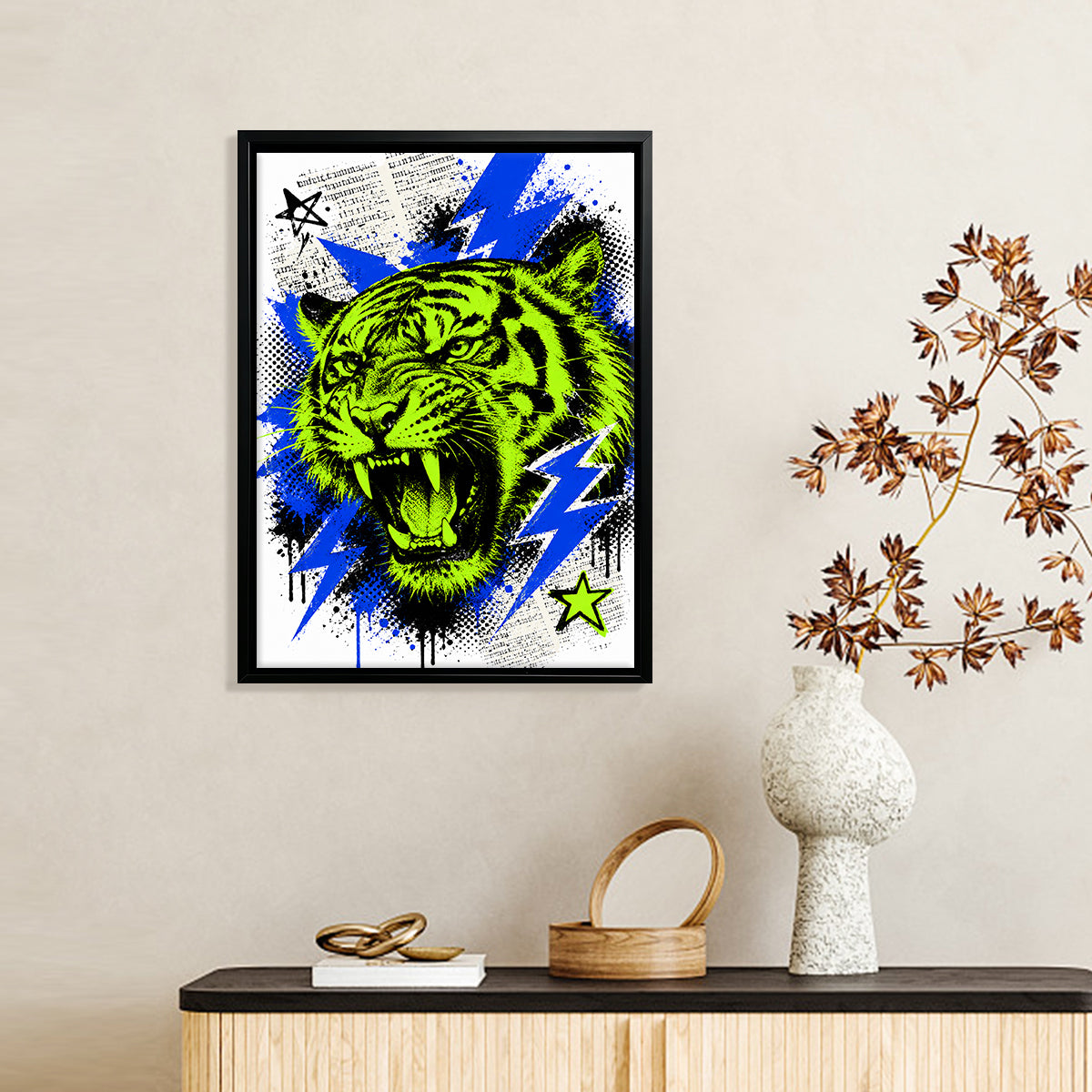 Framed Neon Tiger Art Print with Bold Blue Lightning, Vibrant Home Decor for Living Room or Staircase