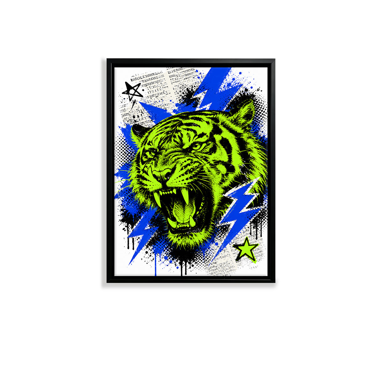 Framed Neon Tiger Art Print with Bold Blue Lightning, Vibrant Home Decor for Living Room or Staircase