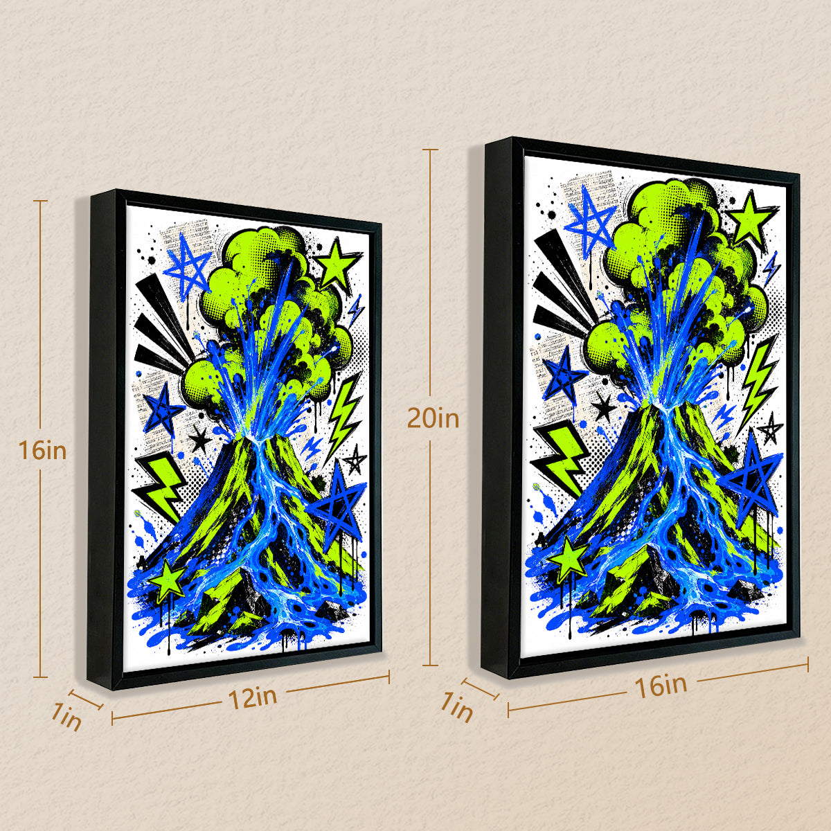 Framed Volcano Art Print with Vibrant Green and Blue Design, Comic Style, Perfect for Home Decor in Any Room