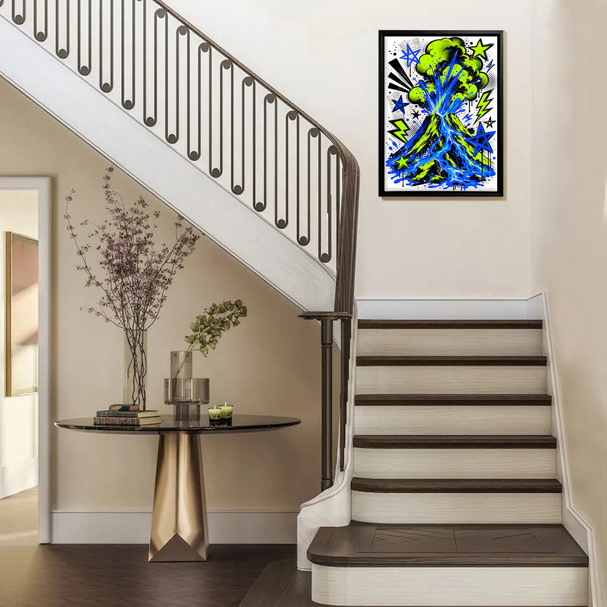 Framed Volcano Art Print with Vibrant Green and Blue Design, Comic Style, Perfect for Home Decor in Any Room