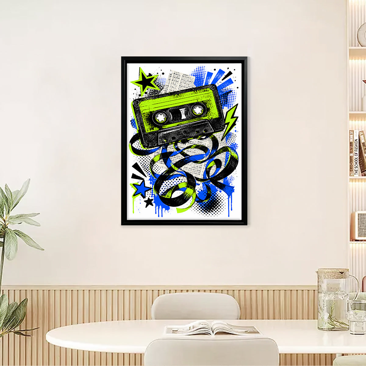 Framed Retro Cassette Tape Art Print with Vibrant Blue and Green Design, Perfect for Home Decor in Any Room
