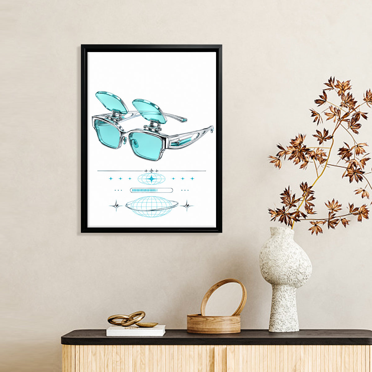Futuristic Sunglasses Art Print, Modern Tech-Inspired Design, Premium Quality, Perfect for Home Decor in California