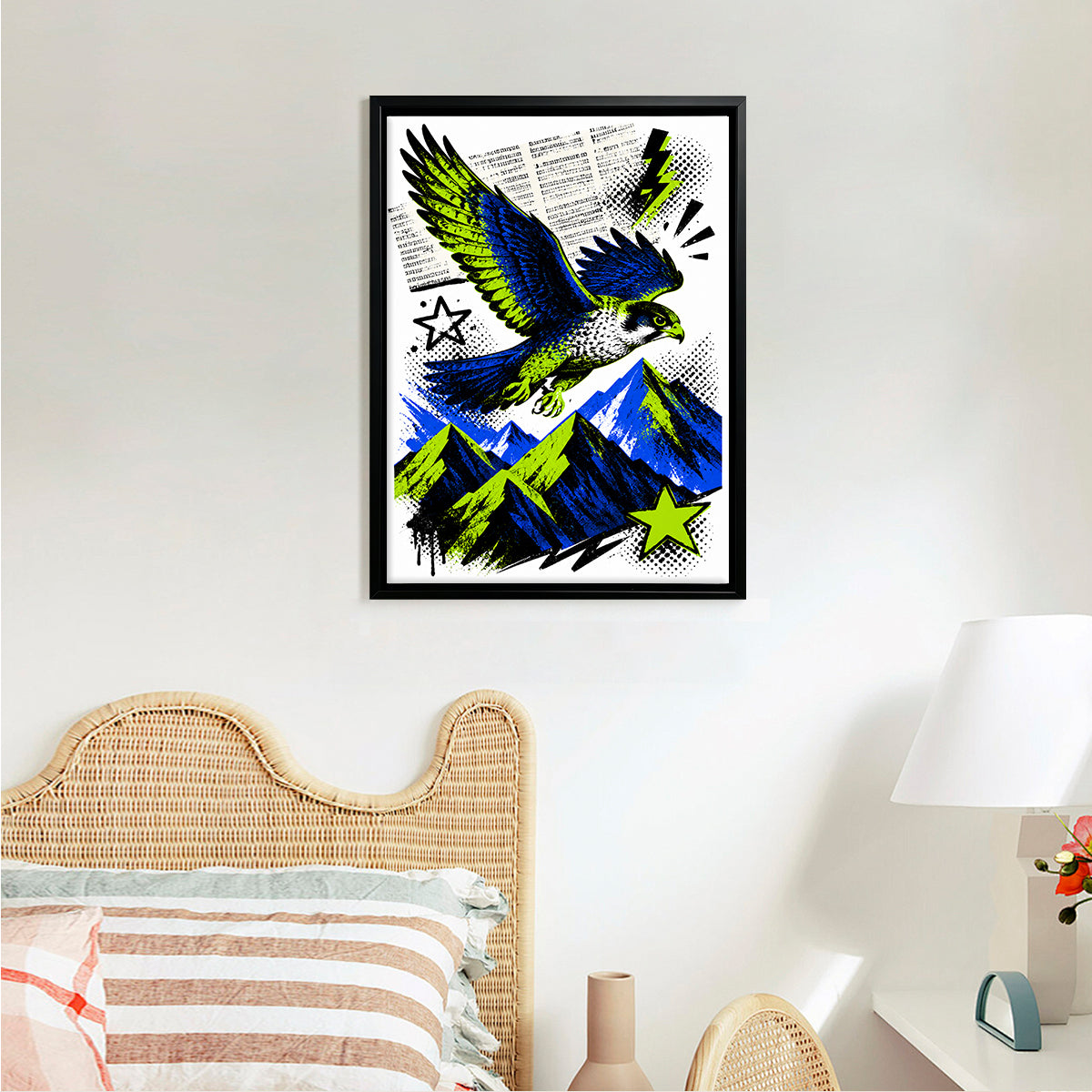 Framed Blue and Green Hawk Art Print, Vibrant Mountain Landscape Design, Perfect Home Decor for Any Room