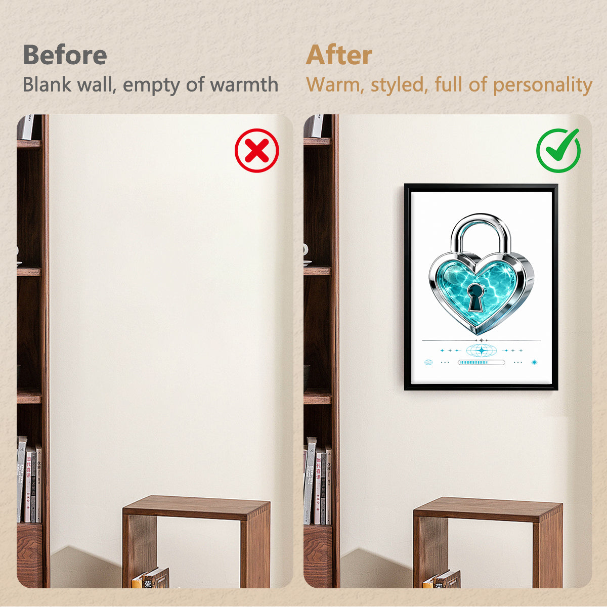 Framed Heart Lock Art Print, Blue Crystal Design, Modern Home Decor, Perfect Gift for Love