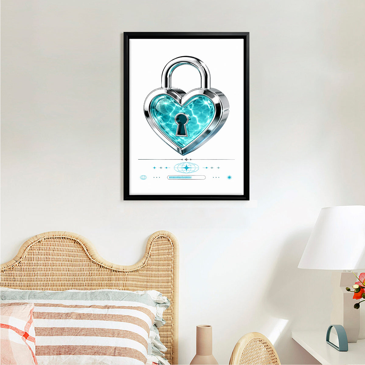 Framed Heart Lock Art Print, Blue Crystal Design, Modern Home Decor, Perfect Gift for Love