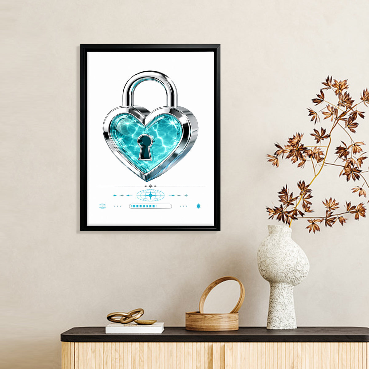 Framed Heart Lock Art Print, Blue Crystal Design, Modern Home Decor, Perfect Gift for Love