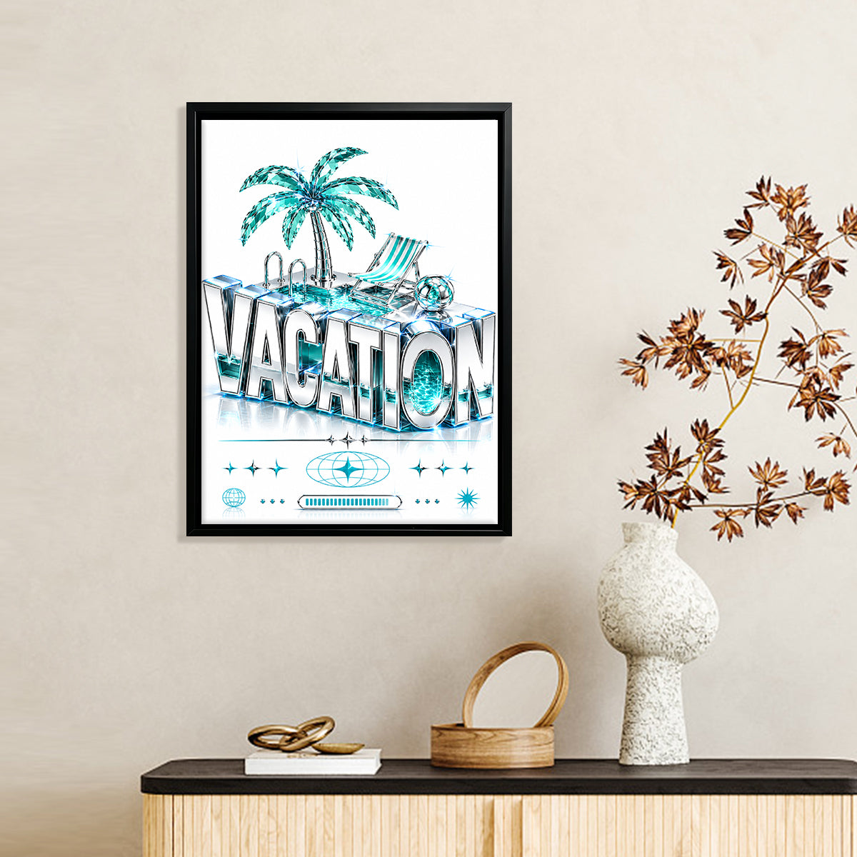 Framed Vacation-Themed Art Print with Palm Tree & Pool Design, Modern Crystal Style, Perfect for Home Decor