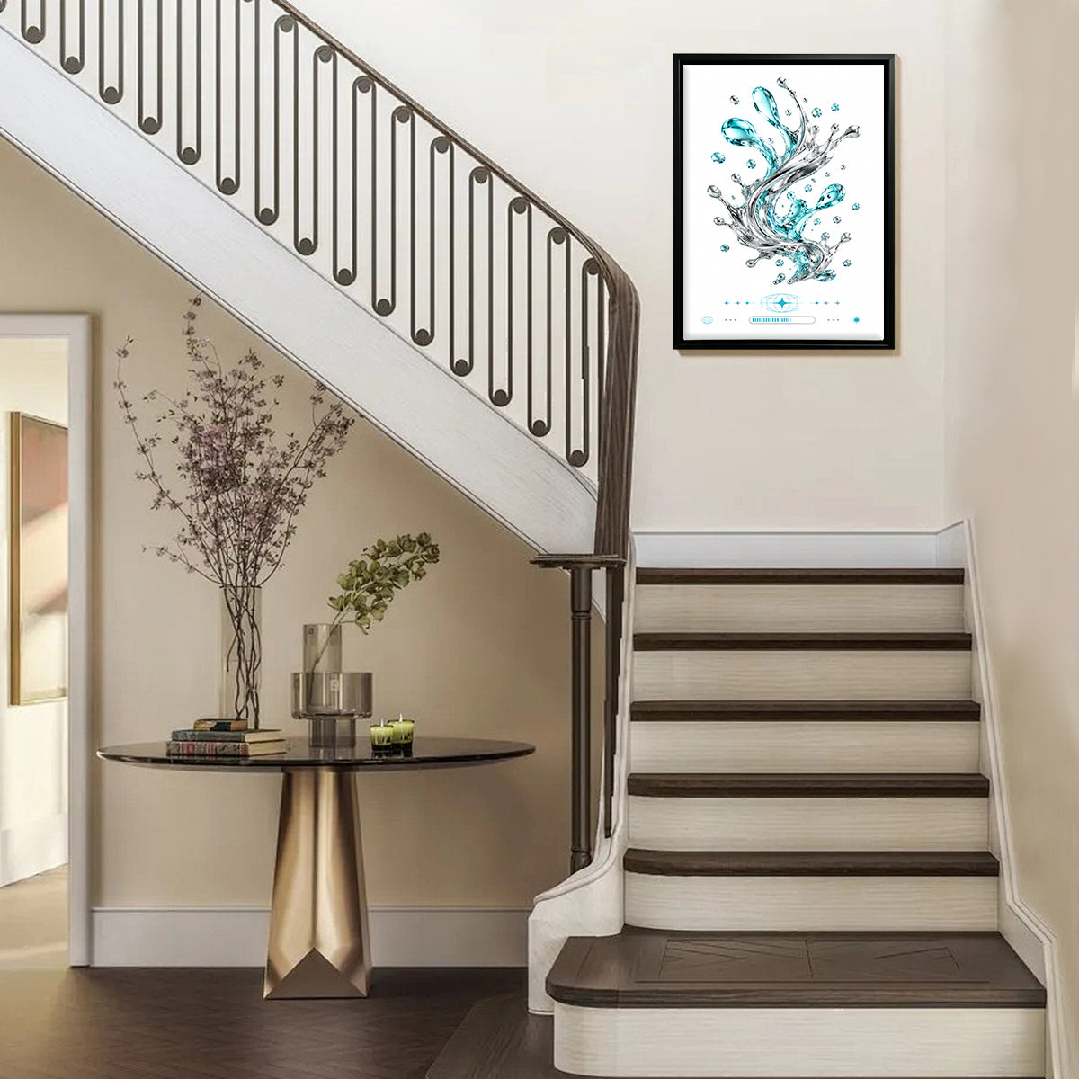 Modern Blue Water Splash Art Print in Black Frame, Elegant Home Decor for Living Room or Staircase