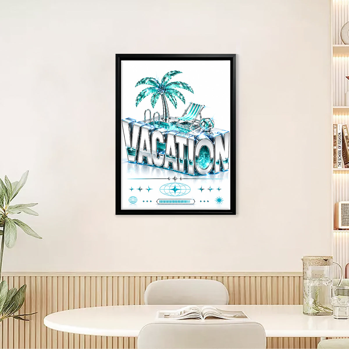 Framed Vacation-Themed Art Print with Palm Tree & Pool Design, Modern Crystal Style, Perfect for Home Decor