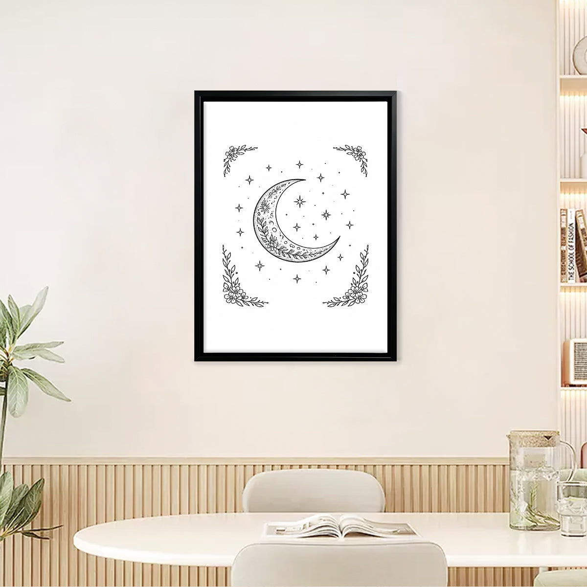Framed Moon & Stars Art Print, Boho Style, Black & White Line Drawing, Perfect for Bedroom or Living Room