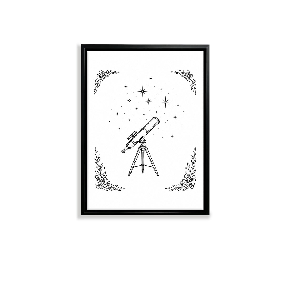 Framed Telescope Star Sky Art Print, Black and White Illustration, Perfect Home Decor for Any Room