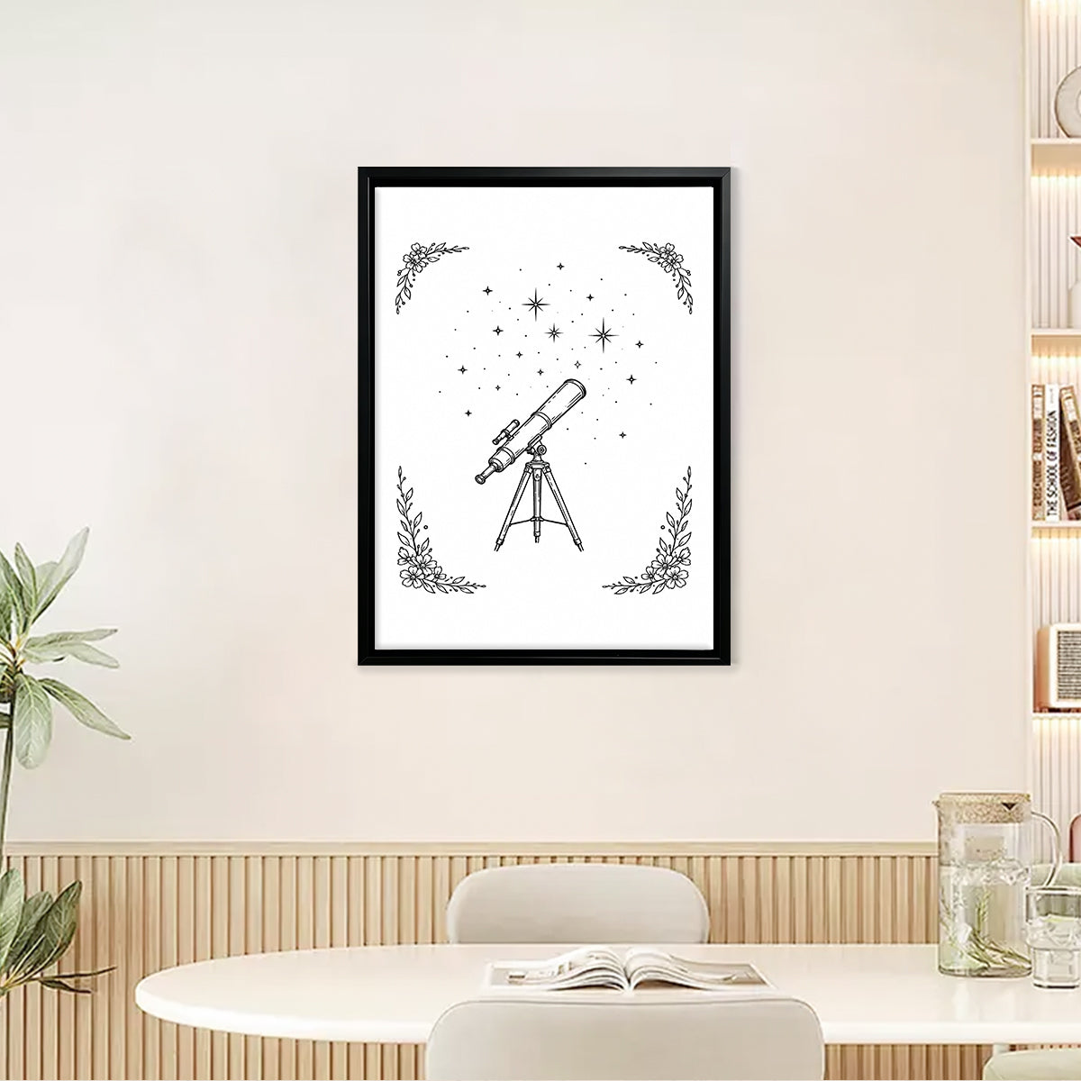 Framed Telescope Star Sky Art Print, Black and White Illustration, Perfect Home Decor for Any Room