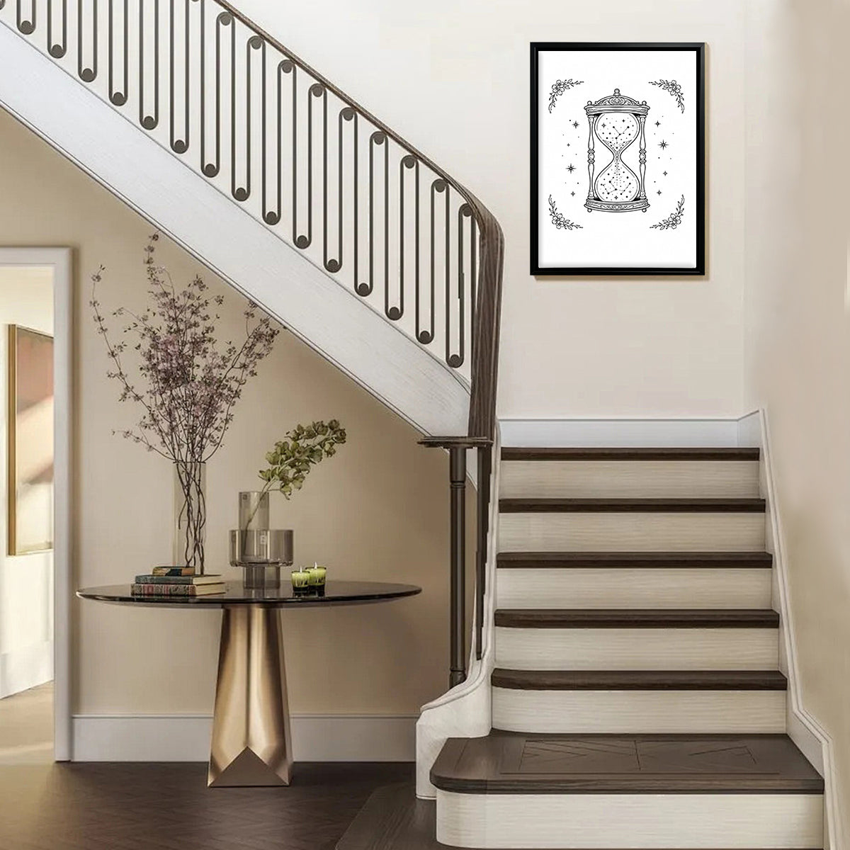 Framed Hourglass Star Sky Art Print, Vintage Style, Black and White Illustration, Perfect for Home Decor in New York