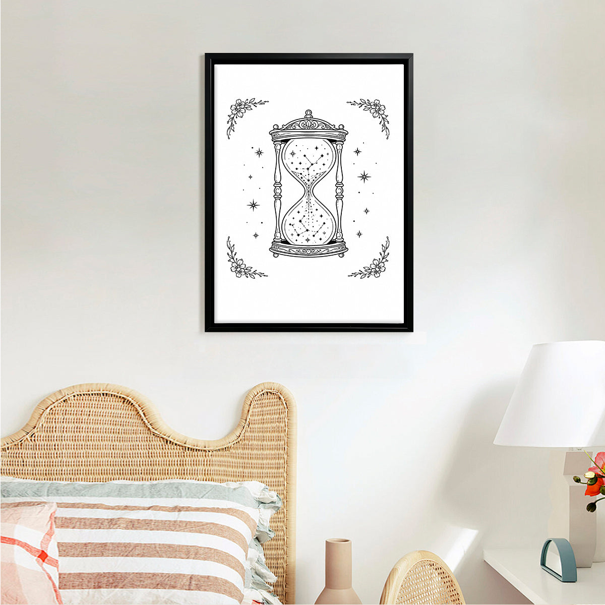 Framed Hourglass Star Sky Art Print, Vintage Style, Black and White Illustration, Perfect for Home Decor in New York