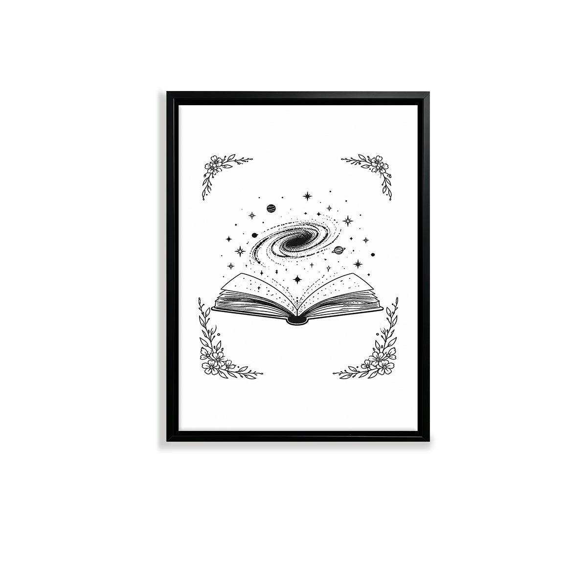 Framed Art Print with Galaxy Book Design, Black and White Illustration, Perfect Home Decor for Any Room