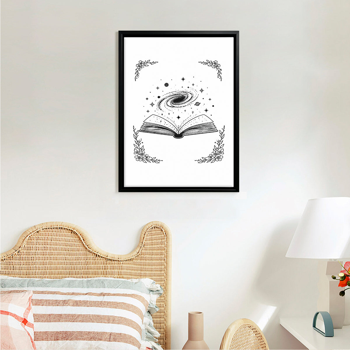 Framed Art Print with Galaxy Book Design, Black and White Illustration, Perfect Home Decor for Any Room