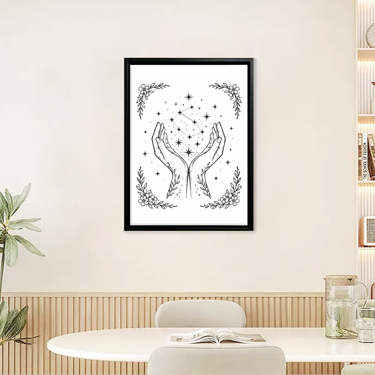 Framed Hands Holding Stars Art Print, Bohemian Style, Black and White Line Drawing, Perfect for Home Decor in Any Room