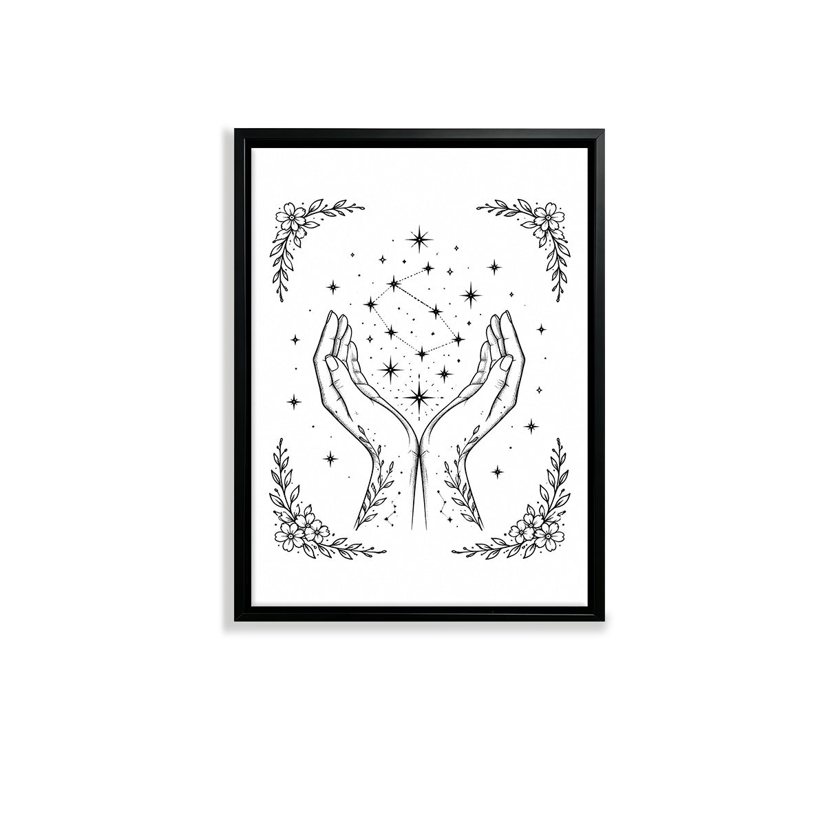 Framed Hands Holding Stars Art Print, Bohemian Style, Black and White Line Drawing, Perfect for Home Decor in Any Room