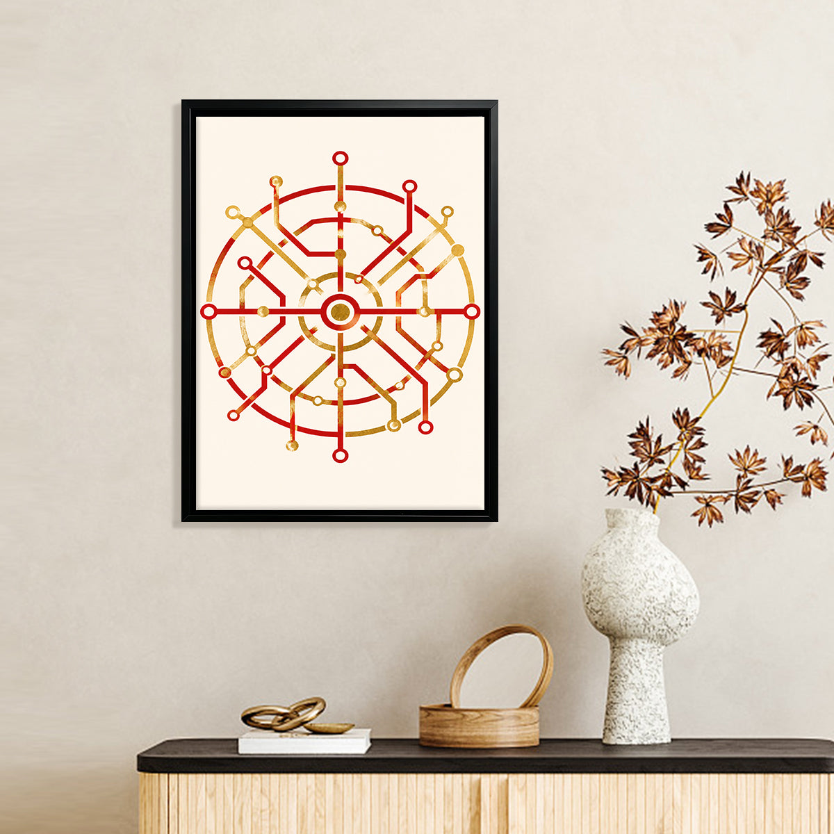 Framed Red and Gold Circuit Pattern Art Print, Modern Abstract Design, High-Quality Matte Finish, Perfect for Home or Office Decor in New York