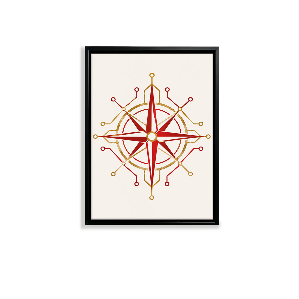 Framed Red and Gold Compass Rose Art Print, Modern Nautical Design, High-Quality Matte Finish, Perfect for Home Decor in California