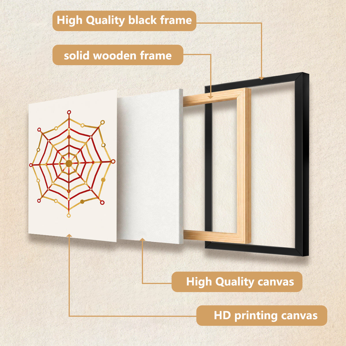 Framed Spiderweb Art Print with Red and Gold Design, Modern Home Decor, High-Quality Matte Finish