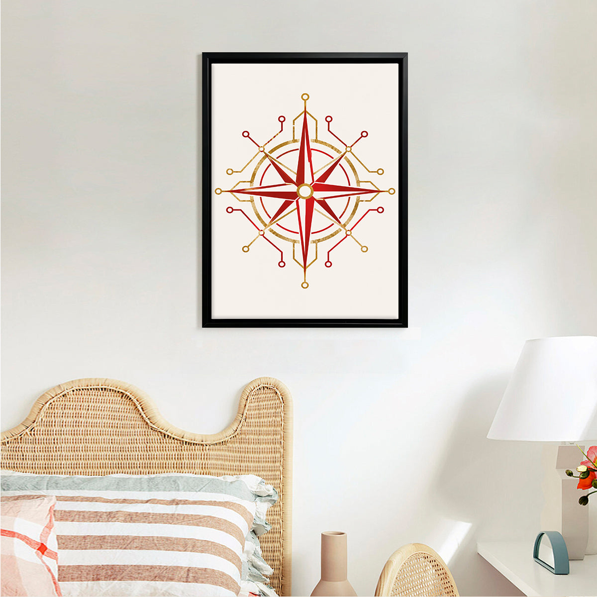 Framed Red and Gold Compass Rose Art Print, Modern Nautical Design, High-Quality Matte Finish, Perfect for Home Decor in California