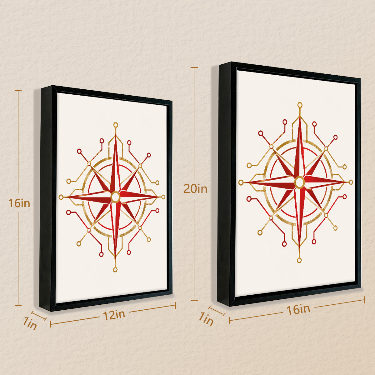 Framed Red and Gold Compass Rose Art Print, Modern Nautical Design, High-Quality Matte Finish, Perfect for Home Decor in California
