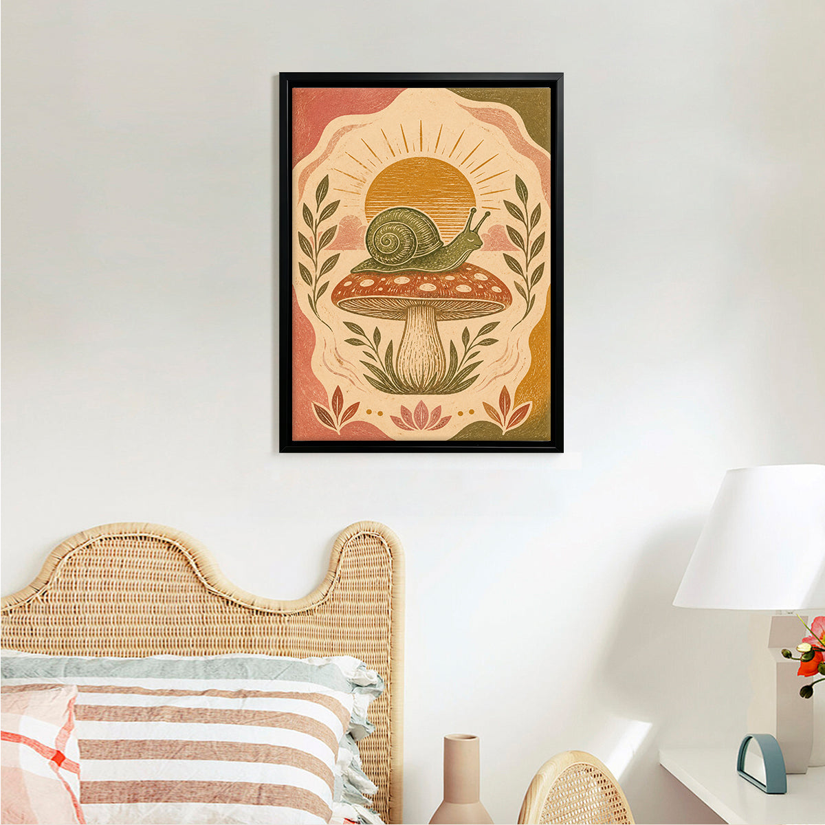 Framed Snail on Mushroom Art Print, Vintage Style, High-Quality Giclee, Perfect for Home Decor in Any Room