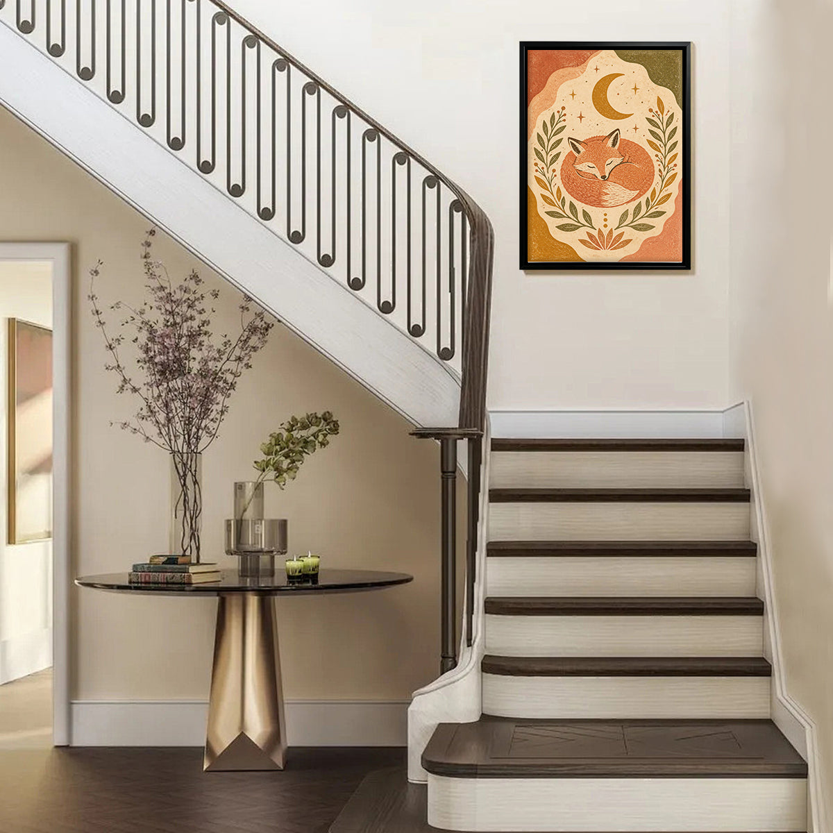 Framed Fox Art Print with Crescent Moon and Floral Design, Warm Autumn Colors, Perfect Home Decor for Any Room