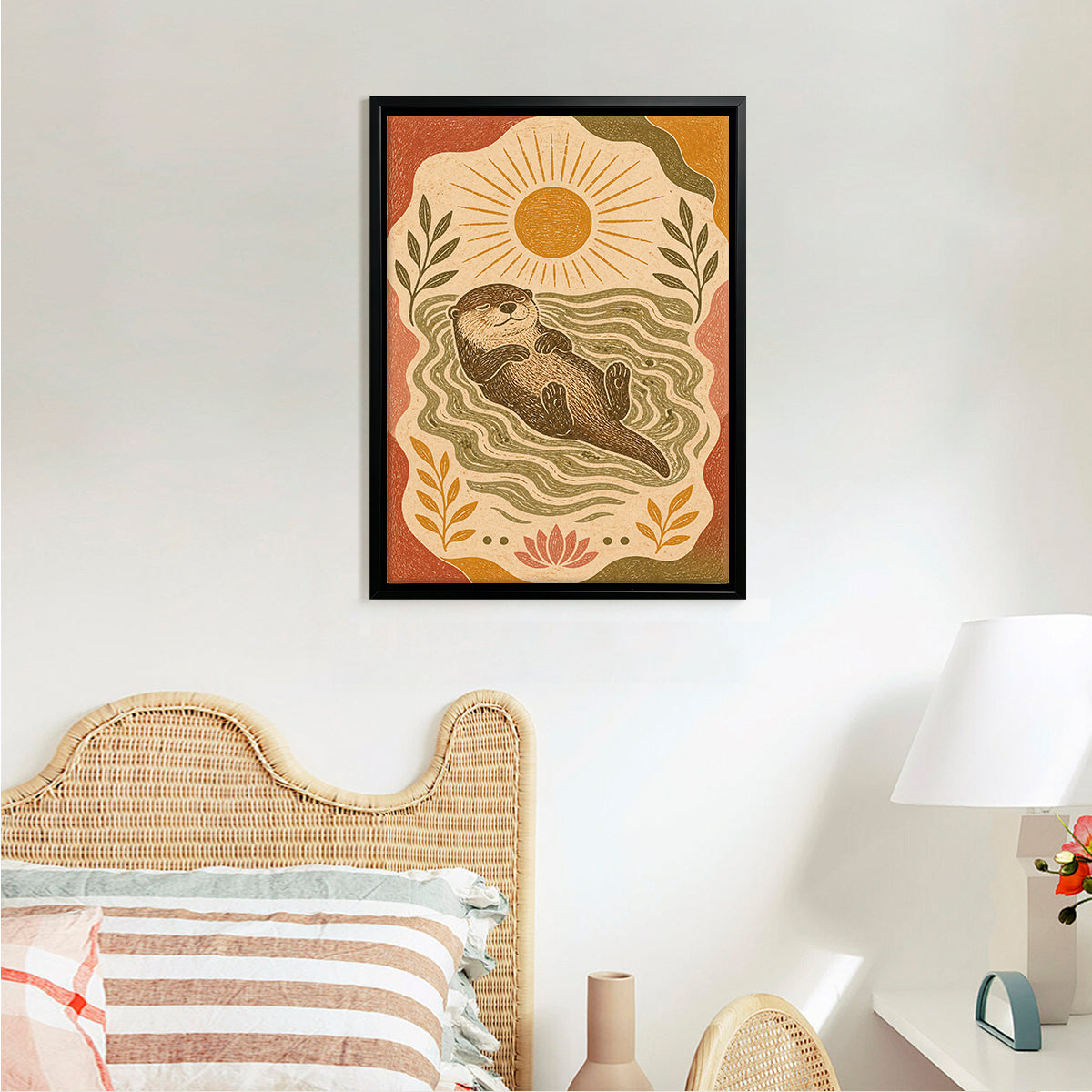 Framed Otter Art Print with Sun and Waves, Vintage Style, High-Quality Giclee on Canvas, Perfect for Home Decor in California