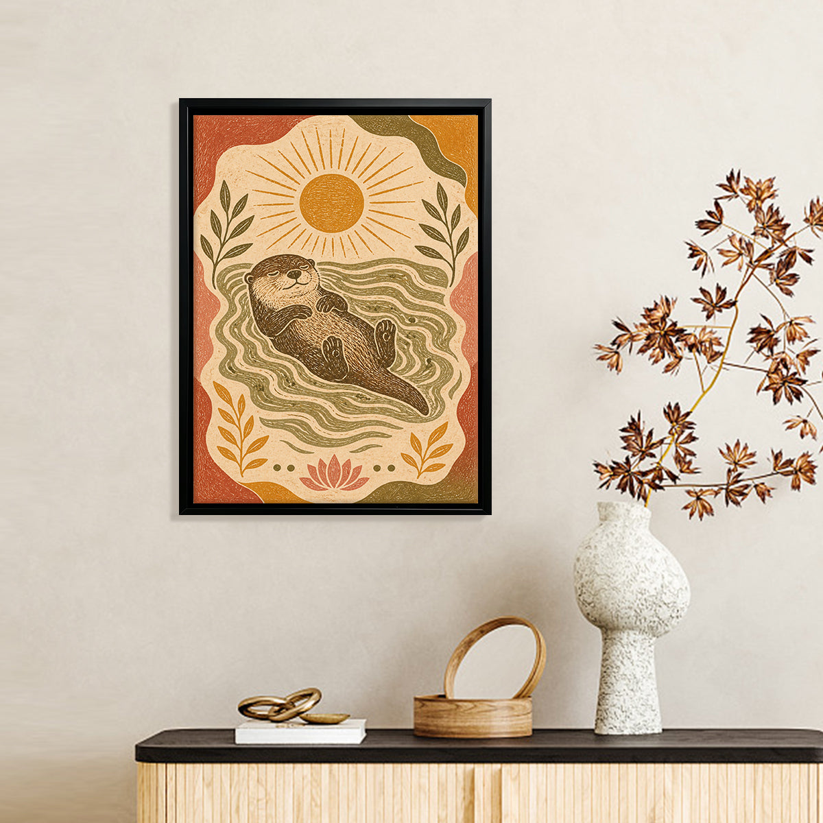 Framed Otter Art Print with Sun and Waves, Vintage Style, High-Quality Giclee on Canvas, Perfect for Home Decor in California