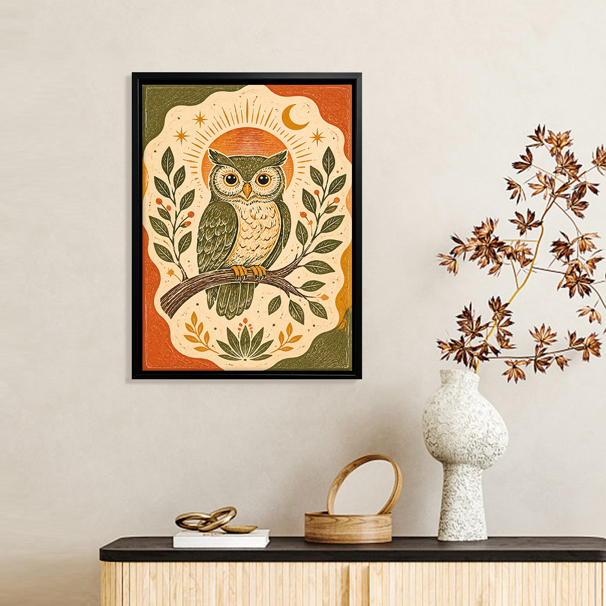 Framed Owl Art Print with Moon & Stars Design, Vintage Style, High-Quality Matte Finish, Perfect for Home Decor in Any Room
