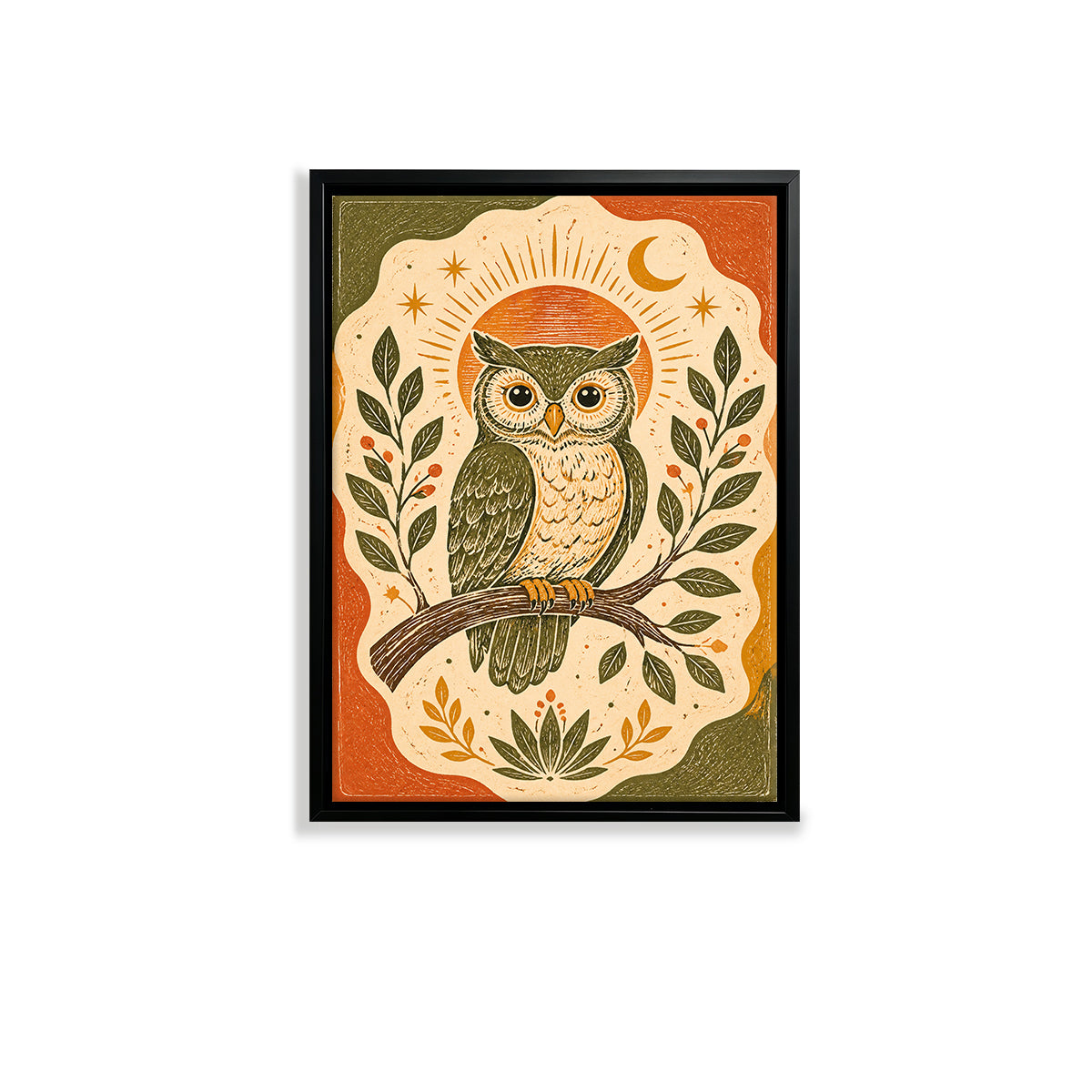 Framed Owl Art Print with Moon & Stars Design, Vintage Style, High-Quality Matte Finish, Perfect for Home Decor in Any Room