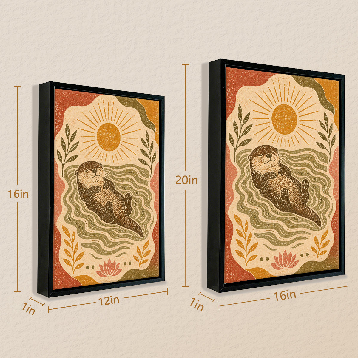 Framed Otter Art Print with Sun and Waves, Vintage Style, High-Quality Giclee on Canvas, Perfect for Home Decor in California