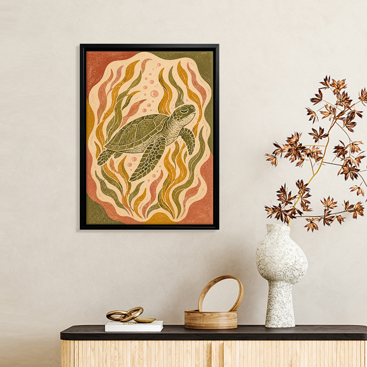 Framed Sea Turtle Art Print, Ocean Wave Style, High-Quality Giclee on Canvas, Perfect for Home Decor in California