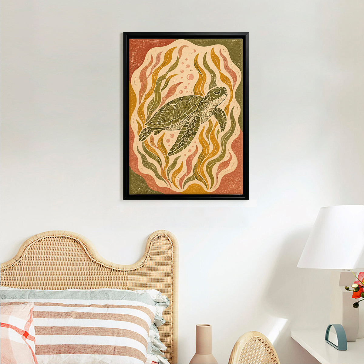 Framed Sea Turtle Art Print, Ocean Wave Style, High-Quality Giclee on Canvas, Perfect for Home Decor in California